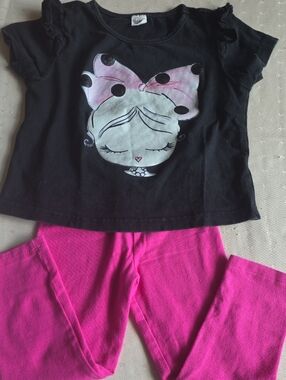 Kids Set - Black Top with Pink Bow Graphic & Bright Pink Pants